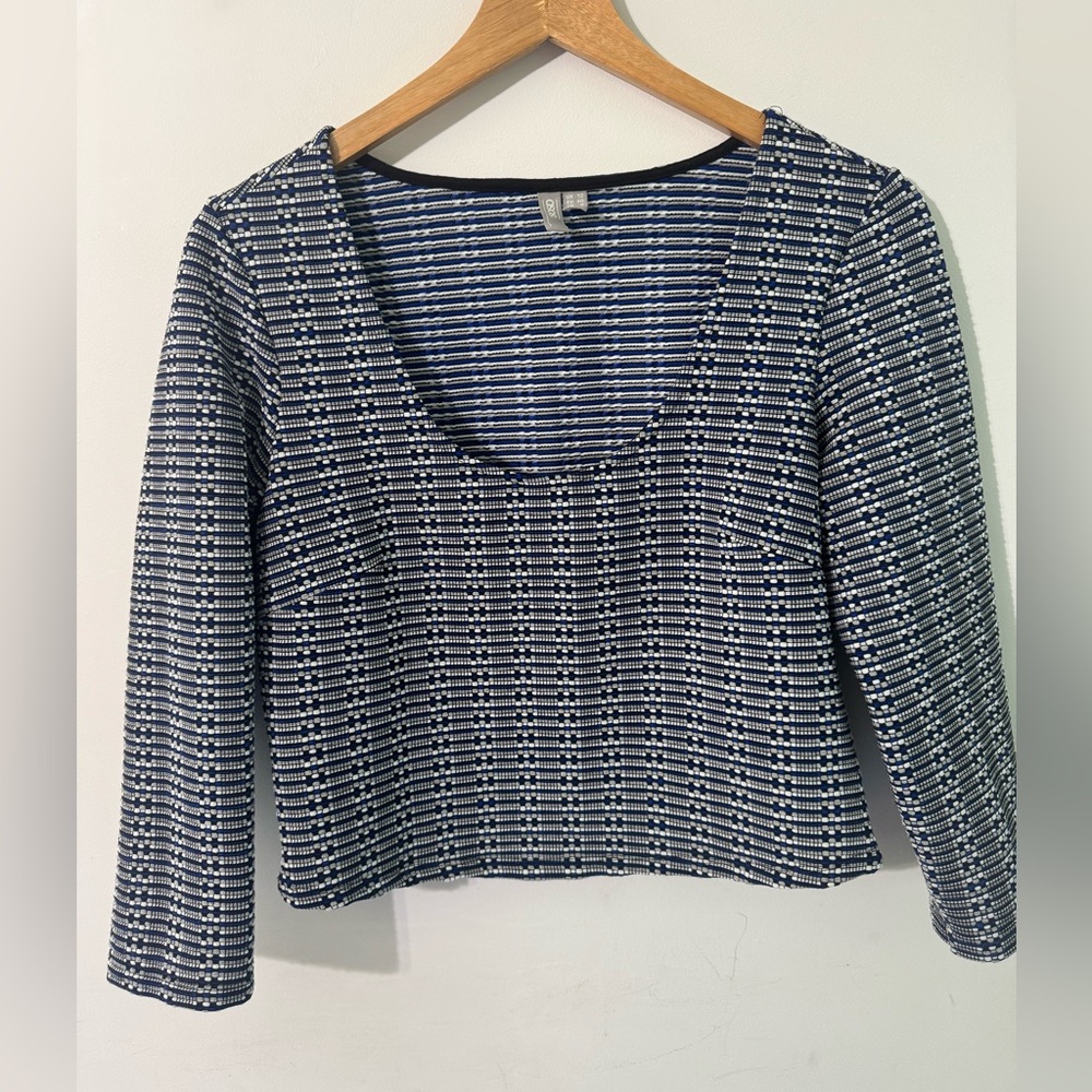 ASOS Navy White black Textured cropped 3/4 sleeve shirt size 8 medium